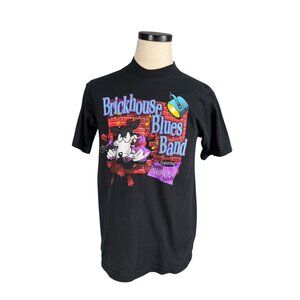 Vintage 90s Brickhouse Blues Band Black Graphic T-Shirt M Fruit Of The Loom